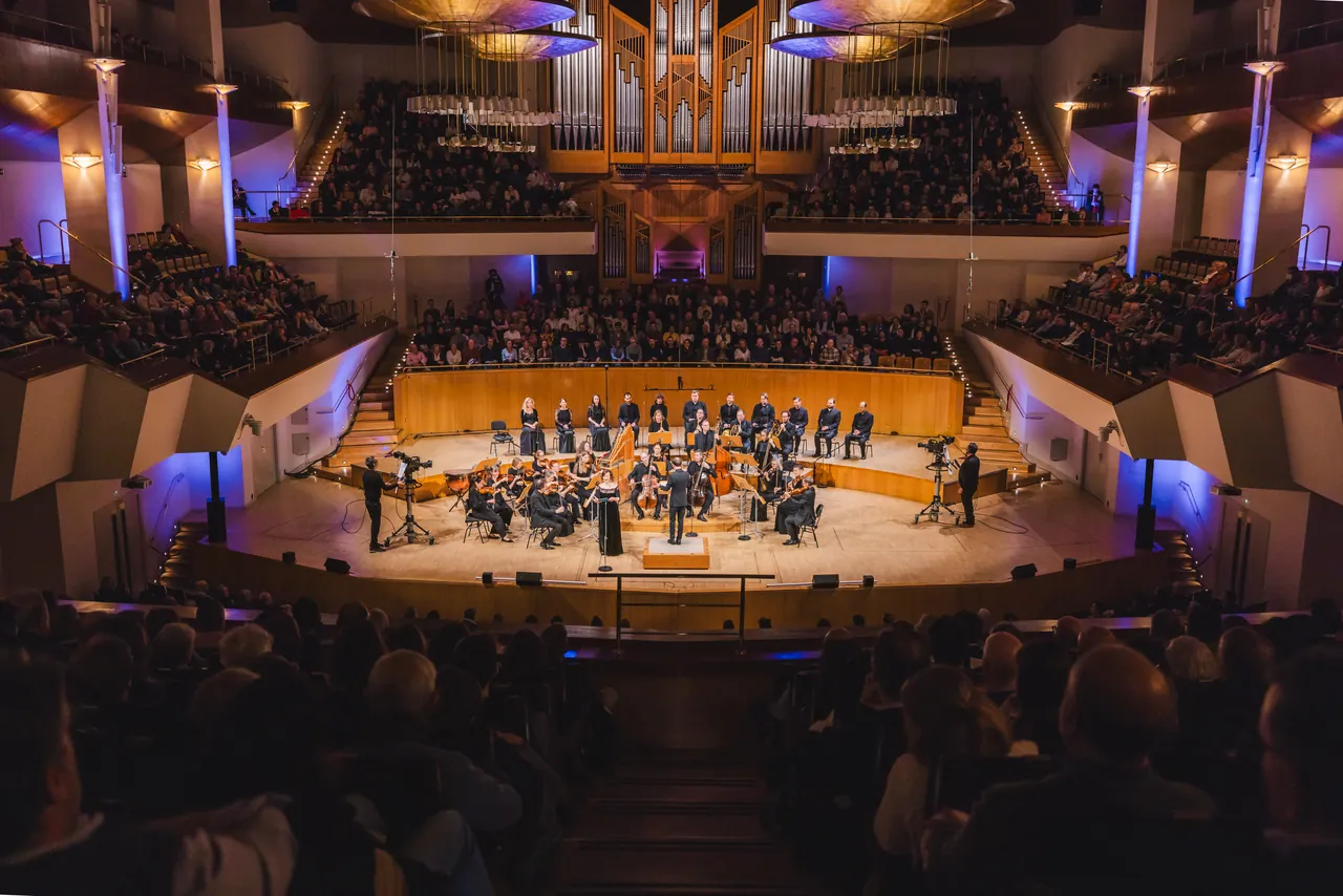 View across the audience to the stage of the Auditorio Nacional de Música in Madrid