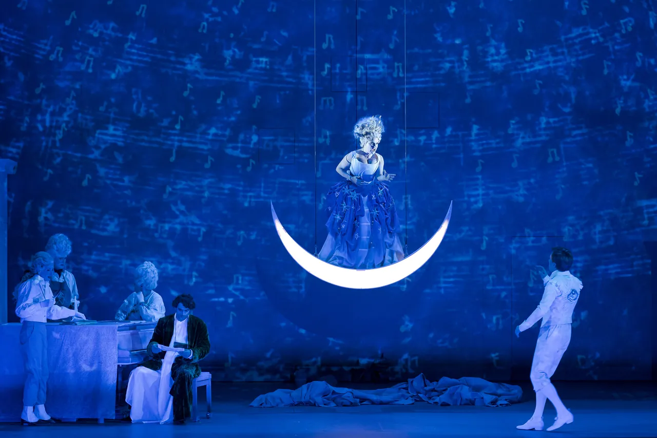 The Queen of the Night on the crescent moon, with the Three Ladies, Mozart and Tamino